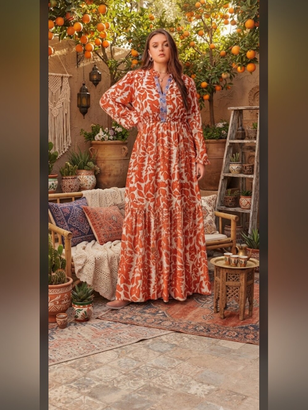 Rust Floral Maxi Dress with Embroidered V-Neck